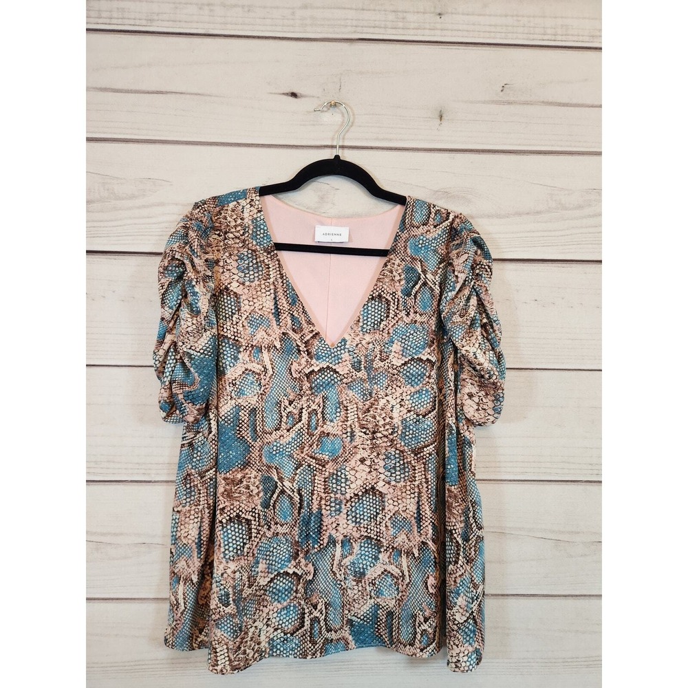 Adrienne Women L Multicolor Snakeskin Blouse Puff Sleeve V-Neck Animal Print Top
